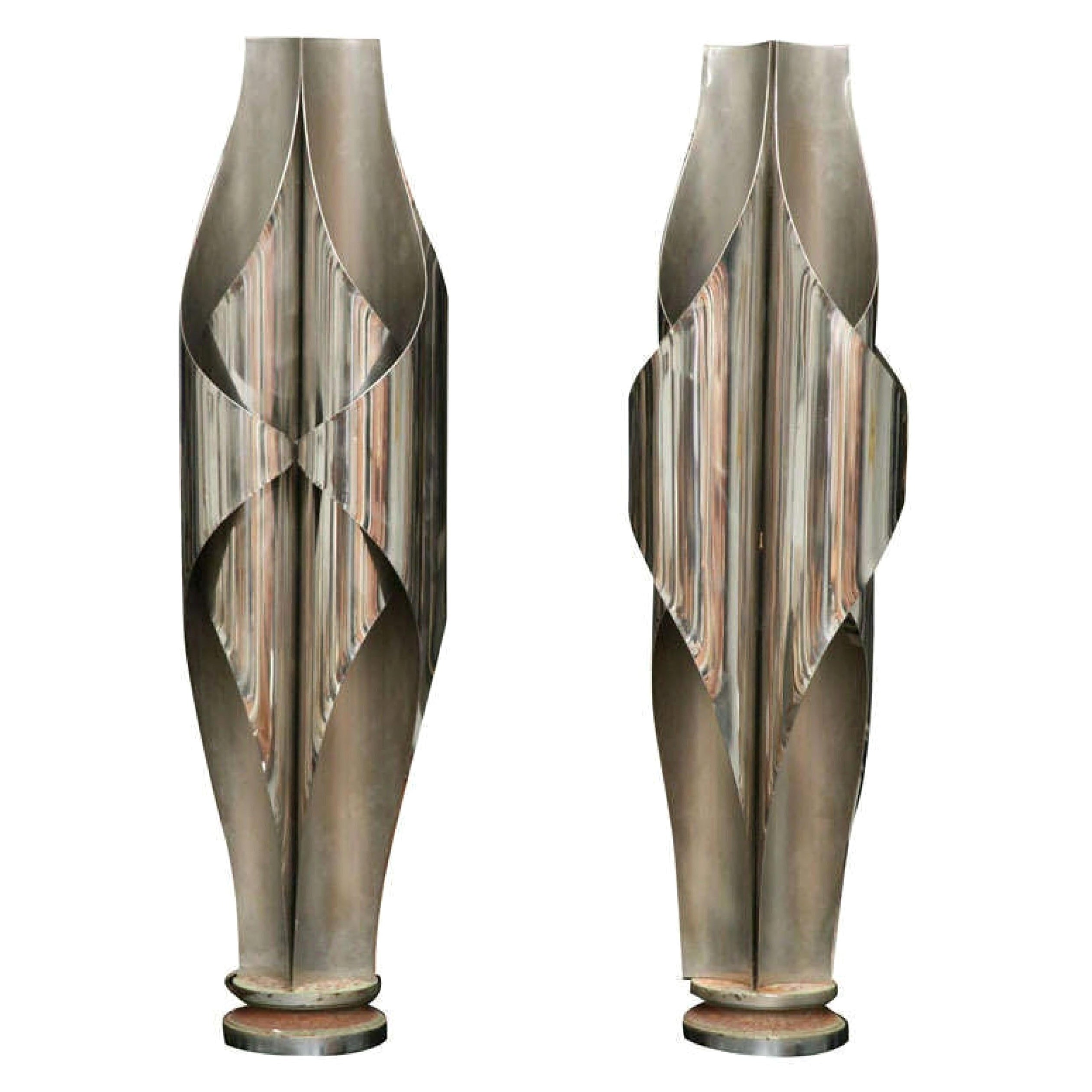 Rare Pair of Stainless Steel Sculptural Lamps by Louis Durot For Sale
