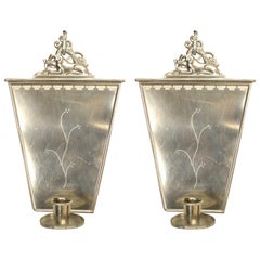 Pair of English Art Deco Pewter Keystone Wall Sconces