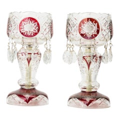 Pair of American Victorian Style Red and Clear Cut Crystal and Glass Table Lamps