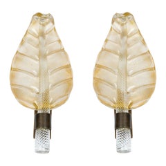 Pair of Italian Mid-Century gold dusted Glass and Bronze Leaf Murano Sconces