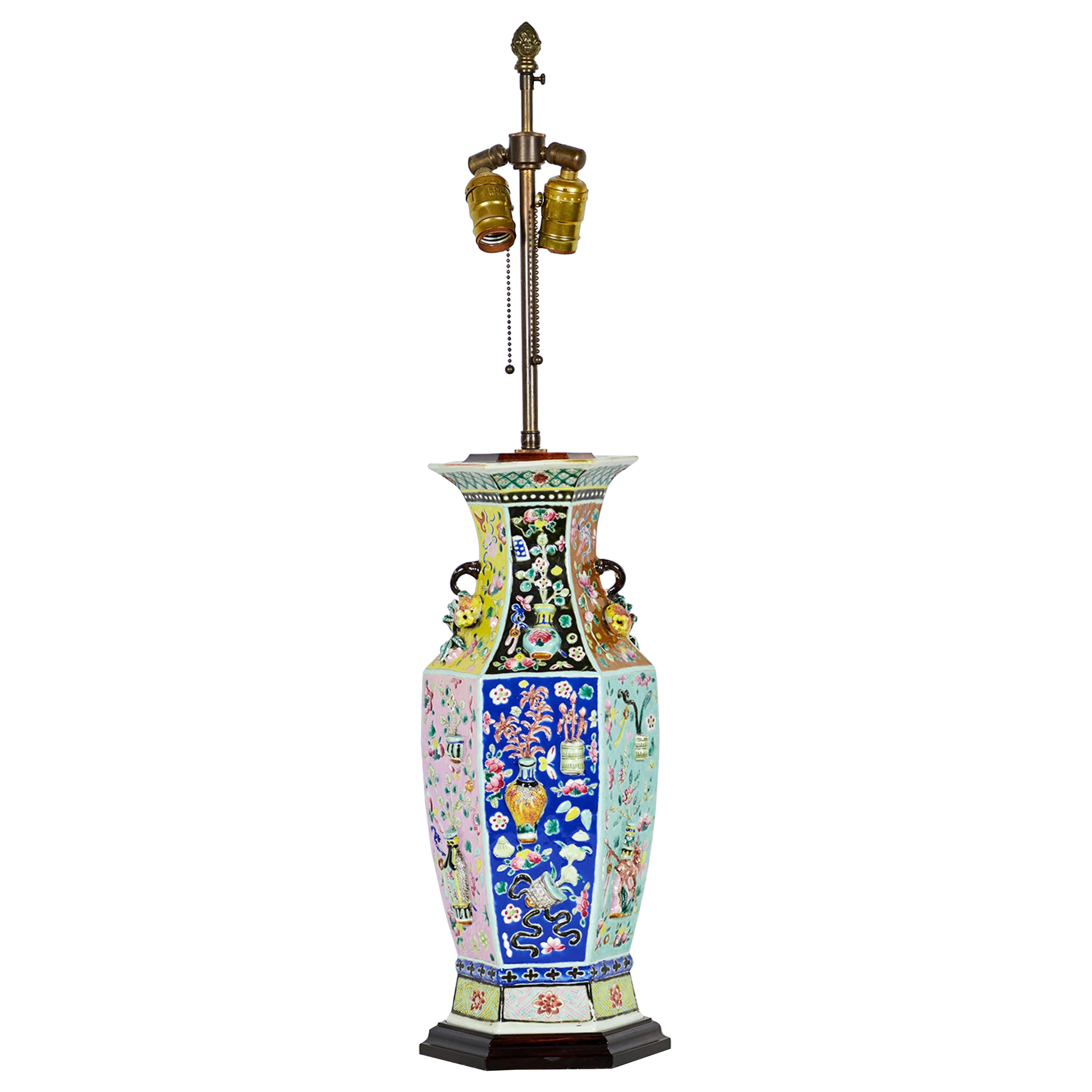 Chinese Porcelain Octagonal Multi-Colored Floral and Vase Motif Table Lamp