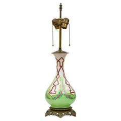 English Victorian Green & White with Pink Florals Porcelain & Brass Table Lamp