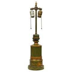 French Victorian Green and Gold Tole and Brass Table Lamp