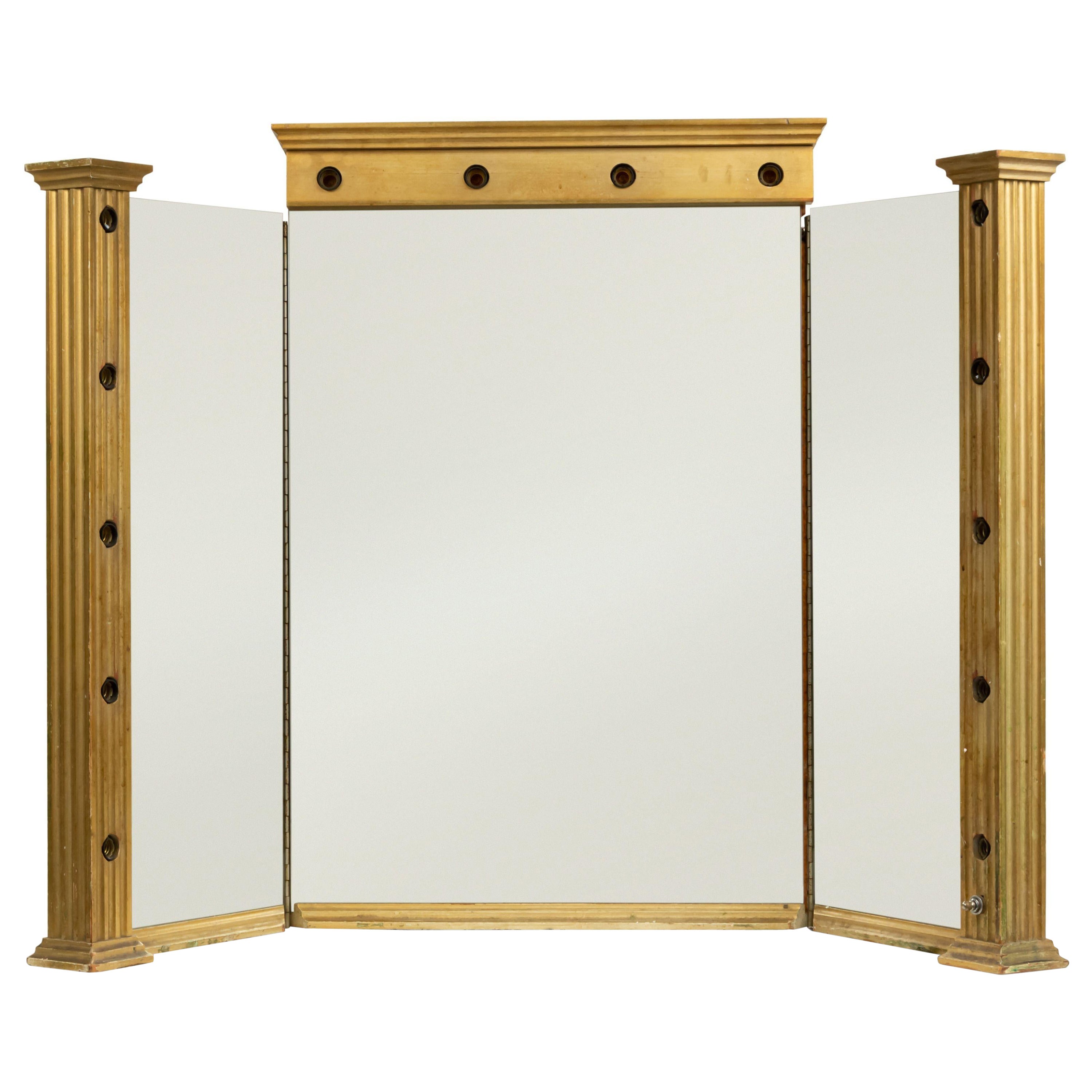 American Art Deco Giltwood Triptych Dressing Table / Vanity Mirror