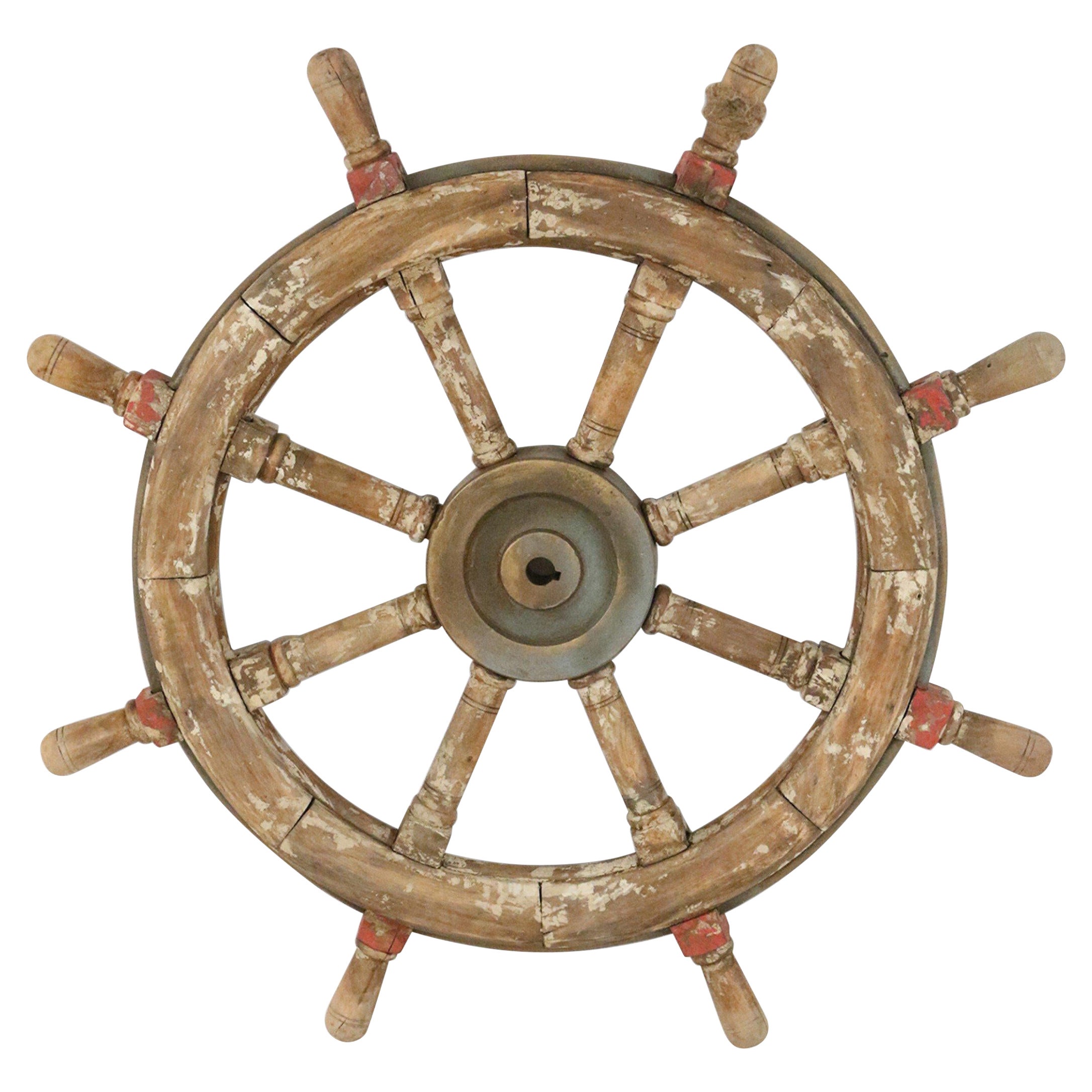 Vintage Distressed Brown and Red Painted Ship's Wheel