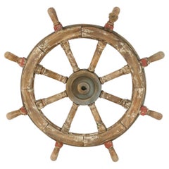 Vintage Distressed Brown and Red Painted Ship's Wheel