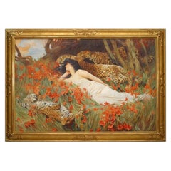 copie d'une peinture d'Arthur Wardle représentant une femme et des léopards