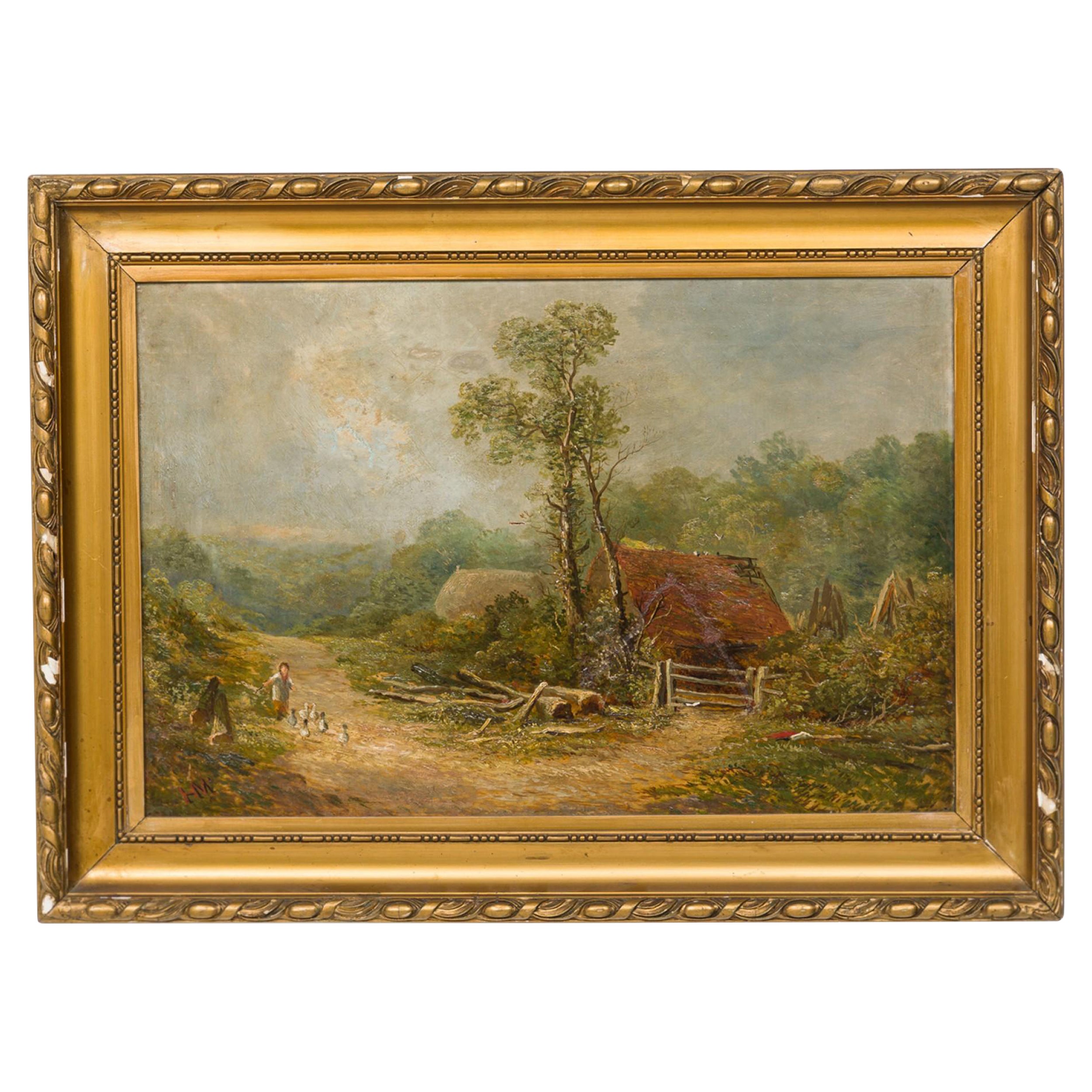 Pintura al óleo victoriana de figuras de la Casa de Techo Rojo en venta