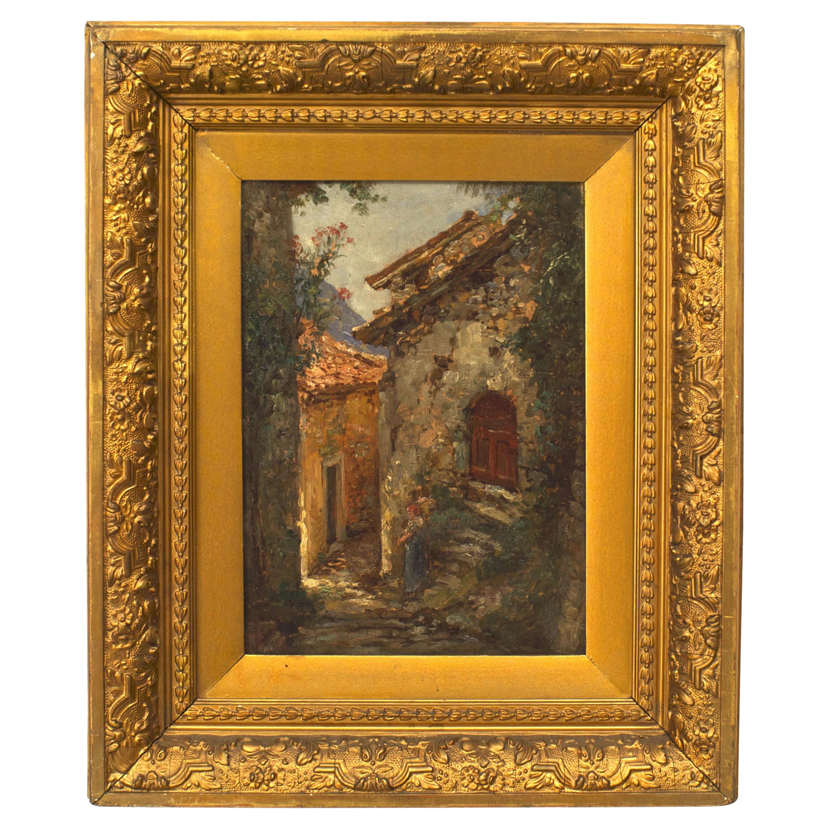 Óleo impresionista francés de escena callejera adoquinada