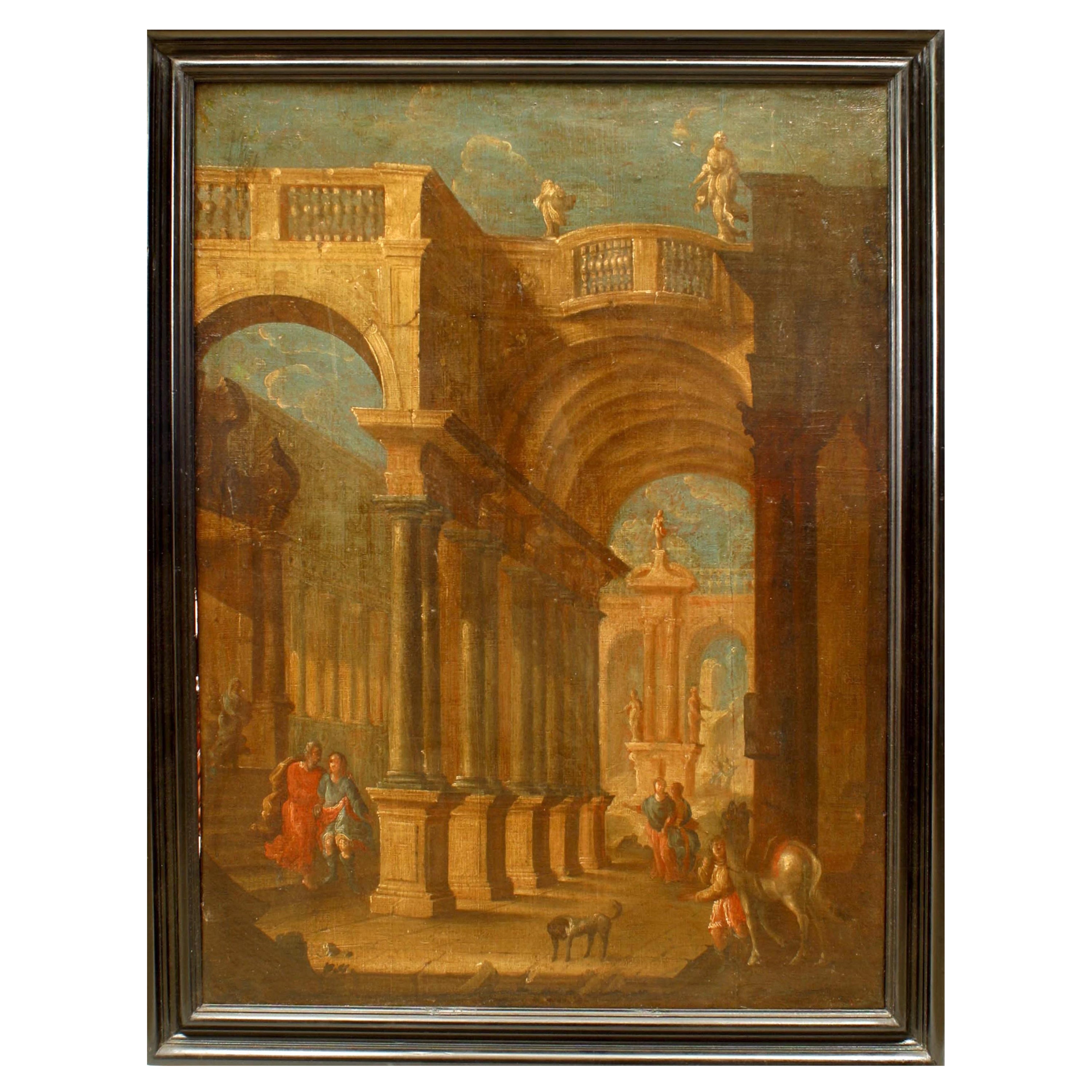 Italianate Capriccio Oil of Figures in Classical Ruins