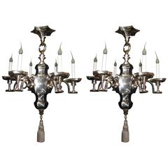 Pair of Unique Antique American Art Deco Silvered Bronze Caldwell Chandeliers 3