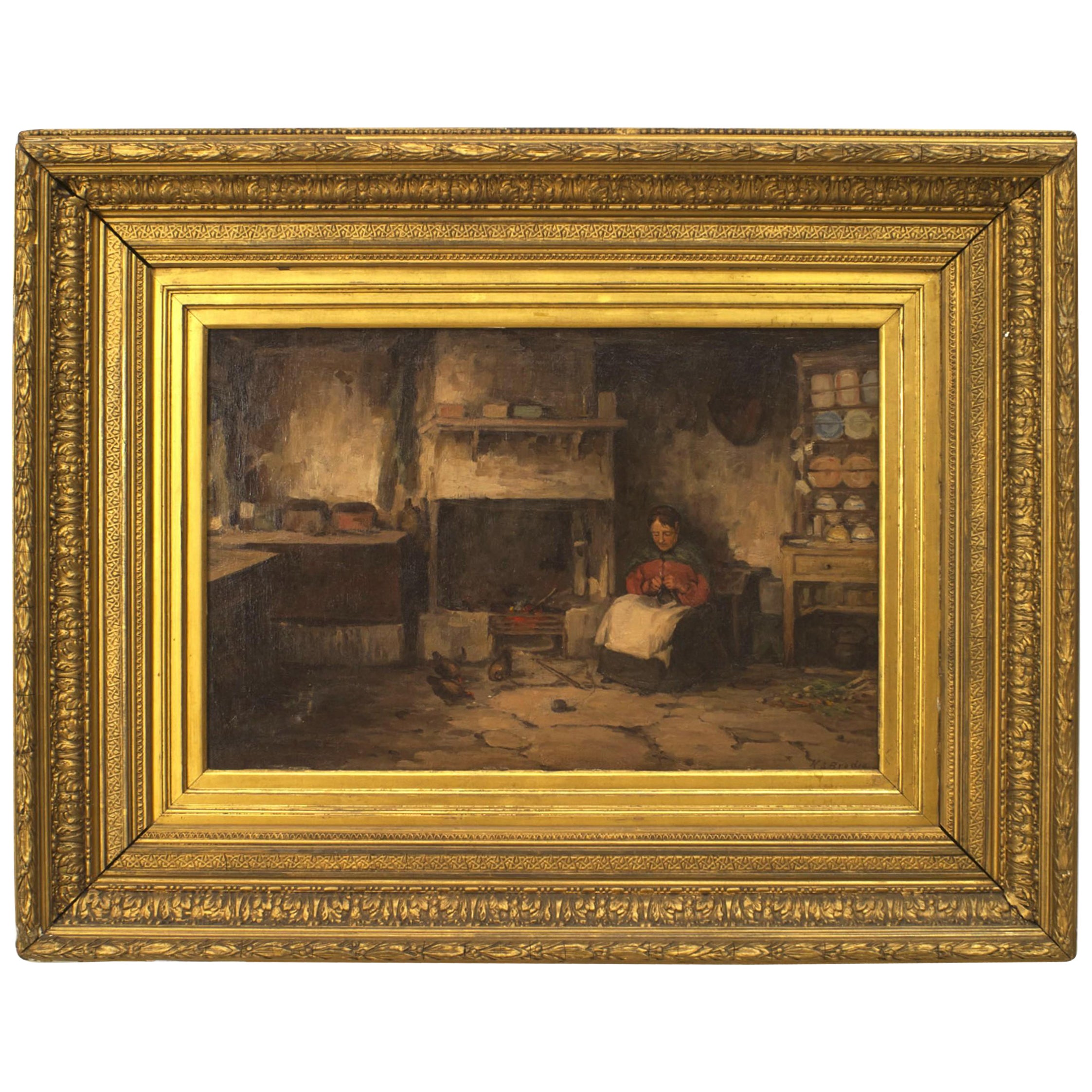 Pittura a olio inglese vittoriana di una signora vicino al camino in vendita