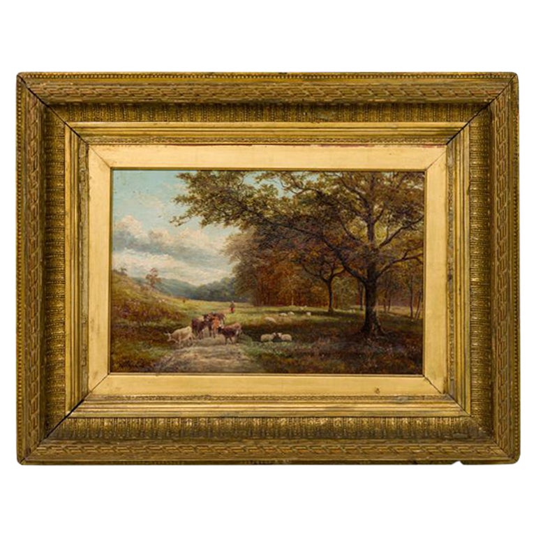 English Victorian Landscape of Animals by Trees For Sale
