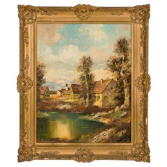 Pintura Victoriana Francesa de Paisaje de Casas Cerca de un Estanque