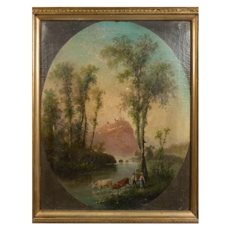 English Victorian Landscape of Figures with Cows For Sale