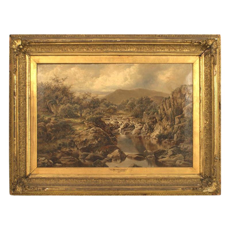 Paisaje victoriano inglés de arroyo y montañas