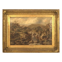 Paisaje victoriano inglés de arroyo y montañas