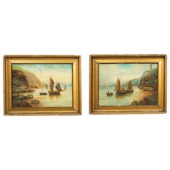 Pareja de cuadros ingleses victorianos dorados de paisajes marinos