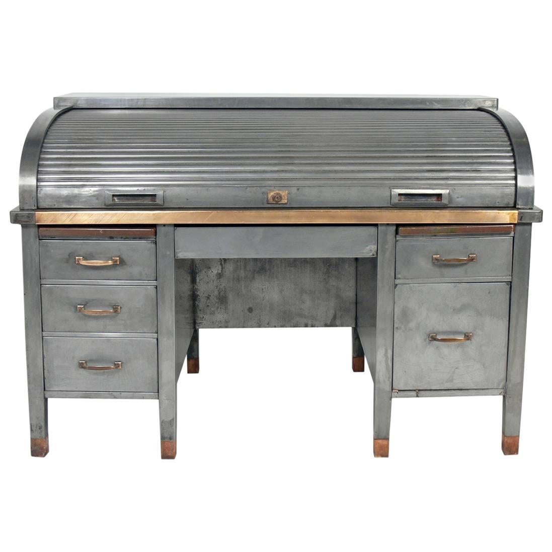 1930s Banker's Metal Roll Top Industrial Desk