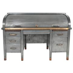 1930s Banker's Metal Roll Top Industrial Desk