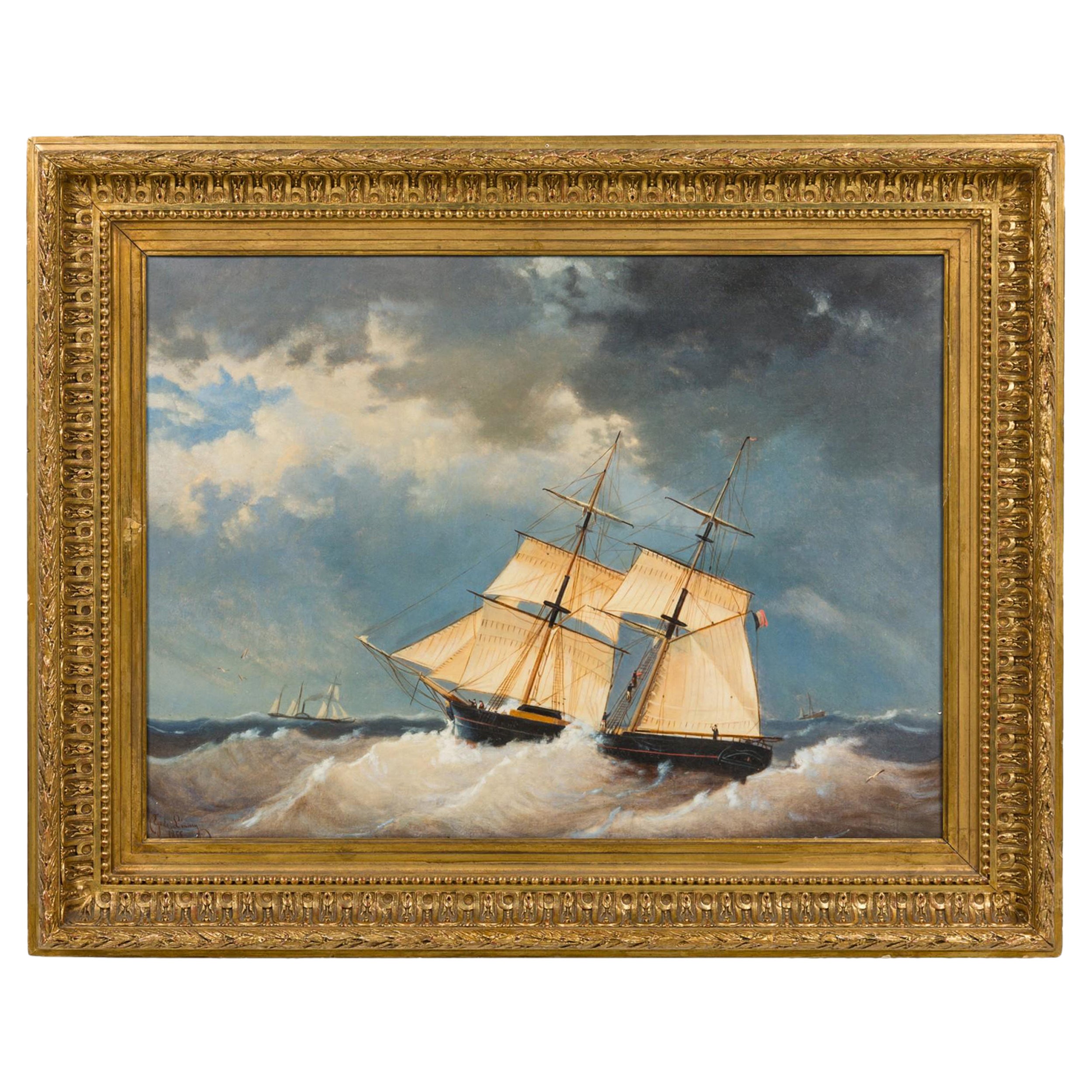 Cielo tempestoso Paesaggio marino con nave alta