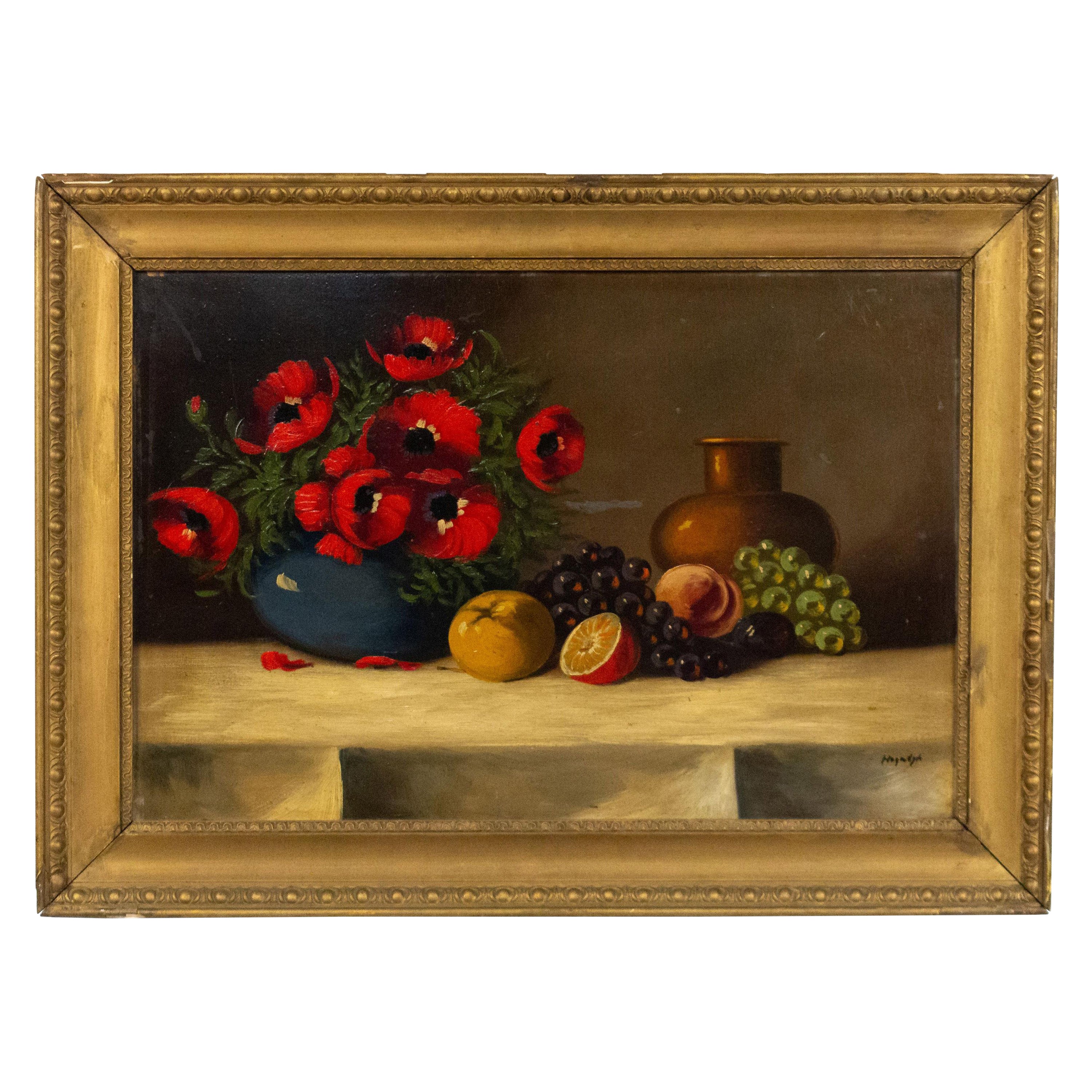 French Victorian Red Flower Still Life