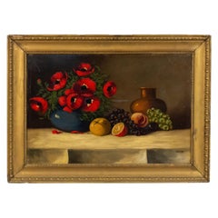 French Victorian Red Flower Still Life