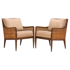 Pair of Kipp Stewart for Directional Walnut, Cane Upholstered Lounge Chairs