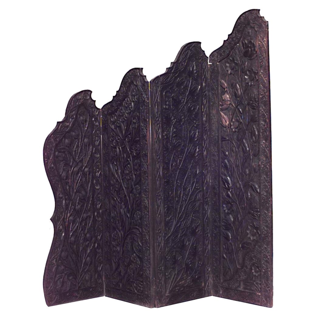 Burmese Carved Teak 4-Fold Screen