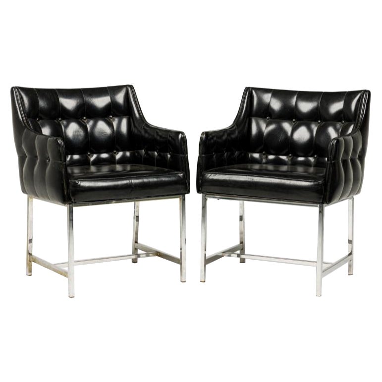 Set of 3 Carson Button Tufted Black Vinyl & Chrome Armchairs