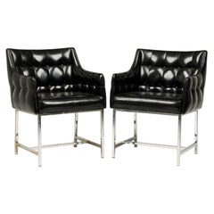 Set of 3 Carson Button Tufted Black Vinyl & Chrome Armchairs