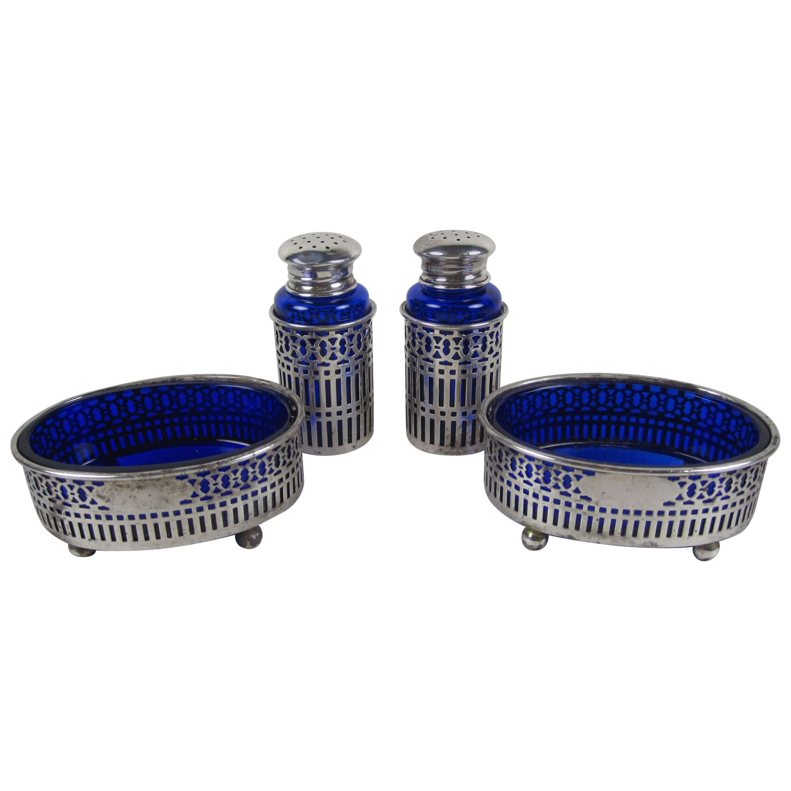  A Pair English Sheffield Peppers & Salt Dips, Sterling Overlay & Cobalt Inserts