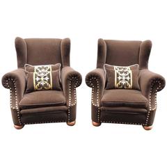 Pair of Early 20th Century, French Chairs with Brown Mohair Upholstery