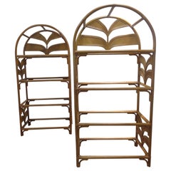 Pair Leather Wrapped Rattan Arch Top Etageres style of Gabriela Crespi, 1970's