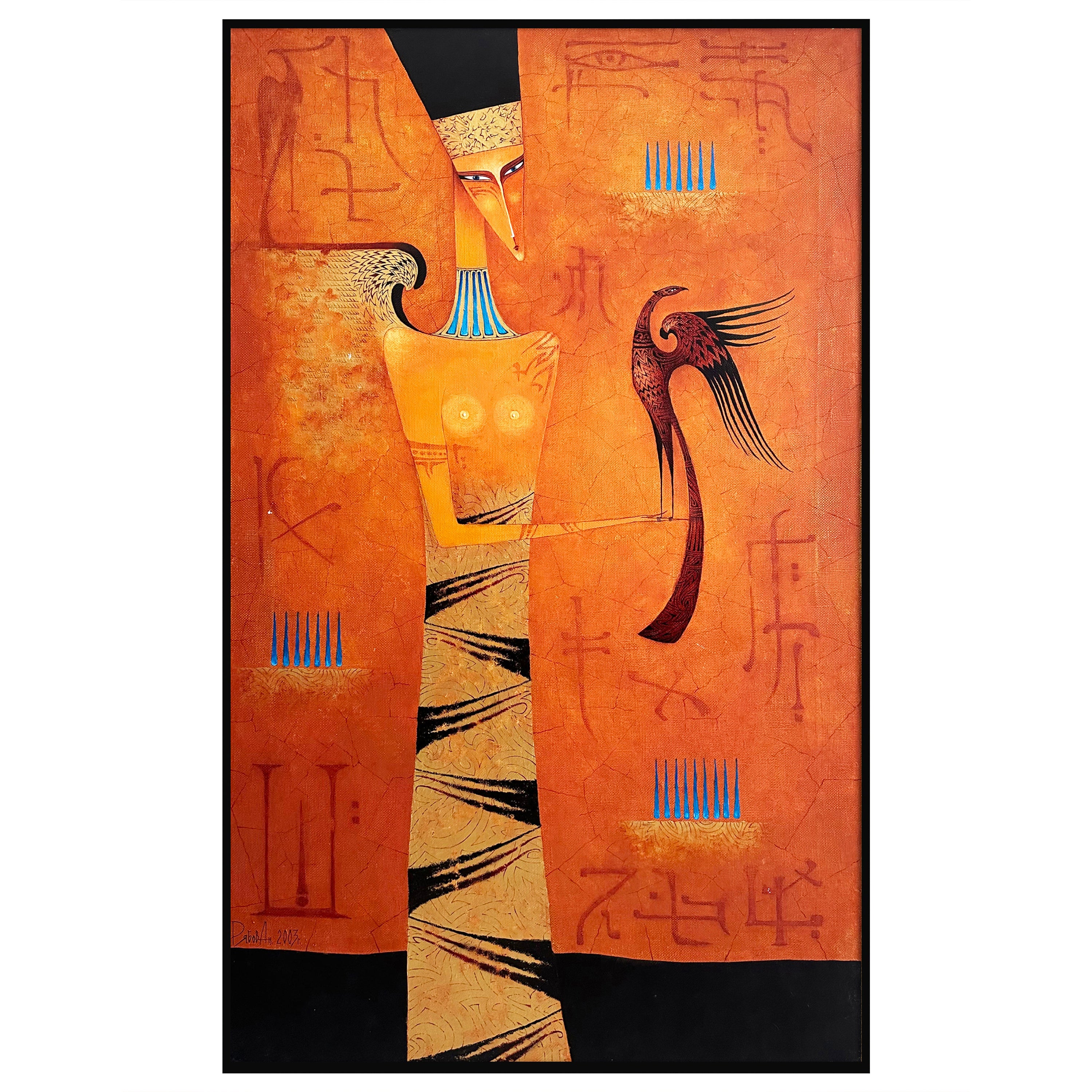 'Custode del tempo', dipinto originale a olio su tela con cornice in foglia d'oro, 2003