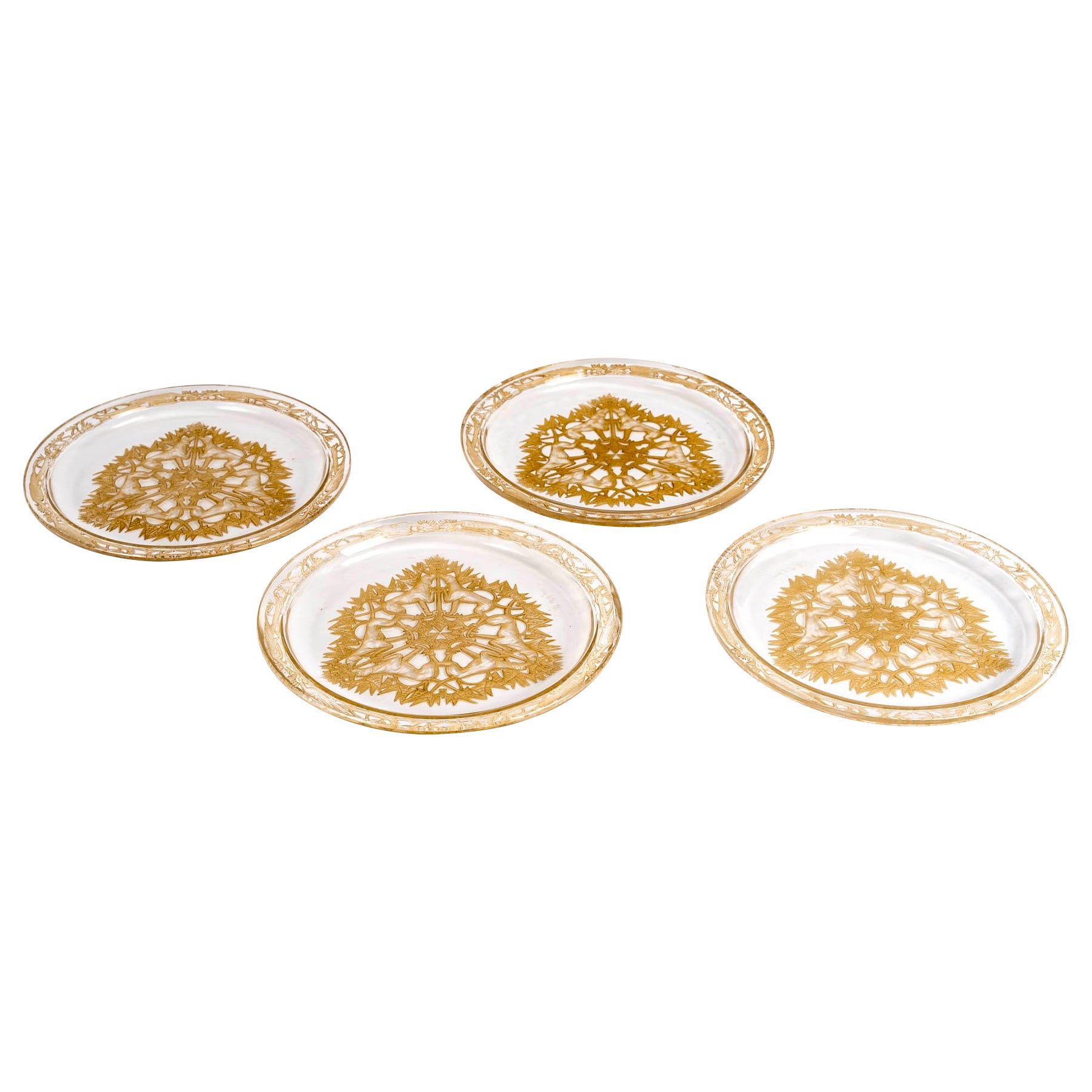 1914 René Lalique Set di 4 piatti Chasse Chiens in vetro Patina seppia