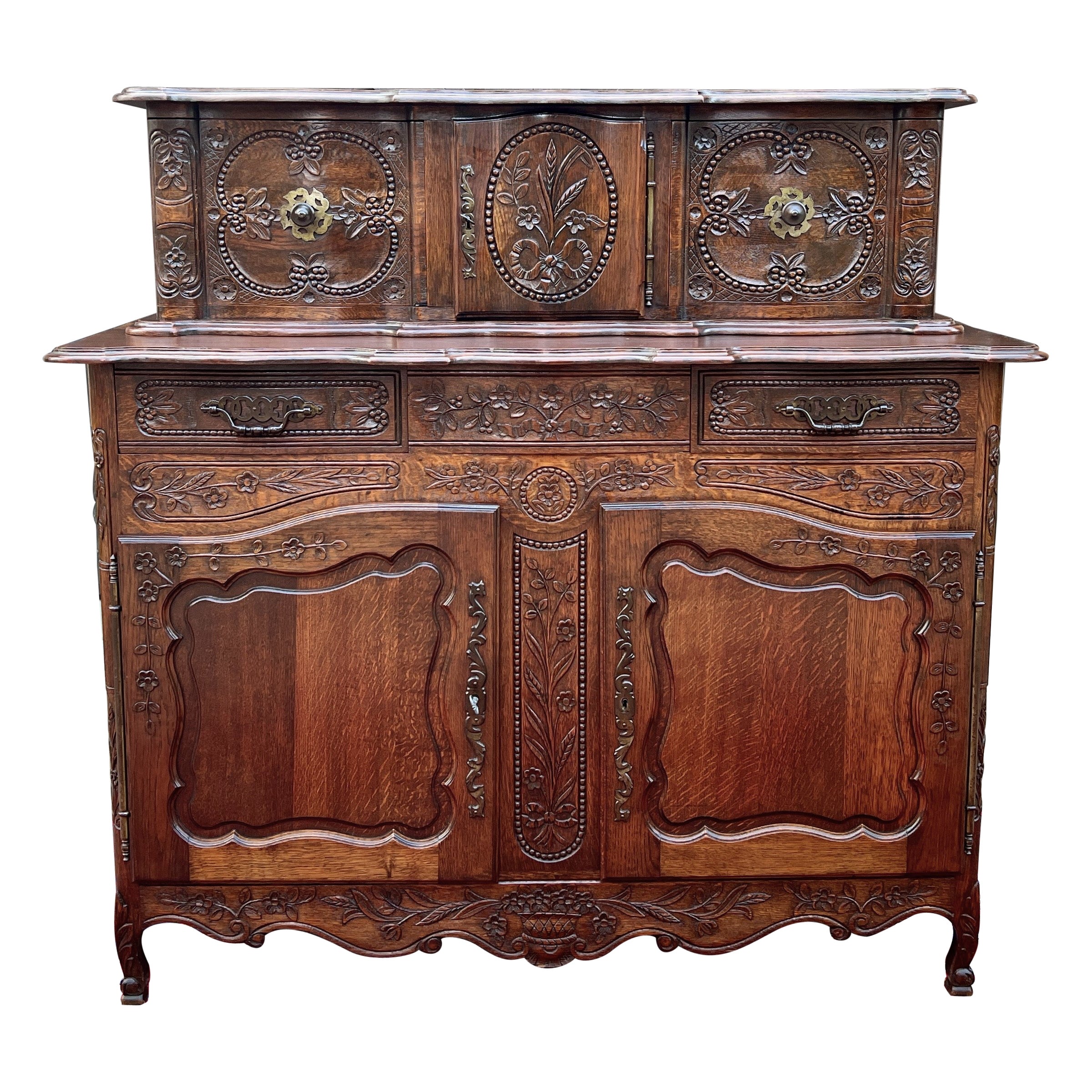 Antique French Buffet Sideboard Server Cupboard Panetiere Highly Carved Oak 19C