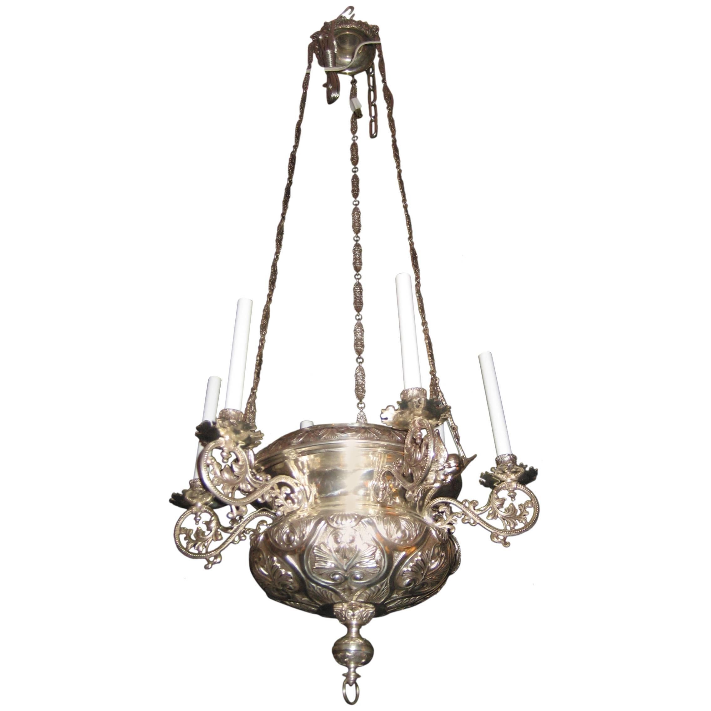 Unique Antique French Moorish Style Silvered Bronze Multi-Light Chandelier For Sale
