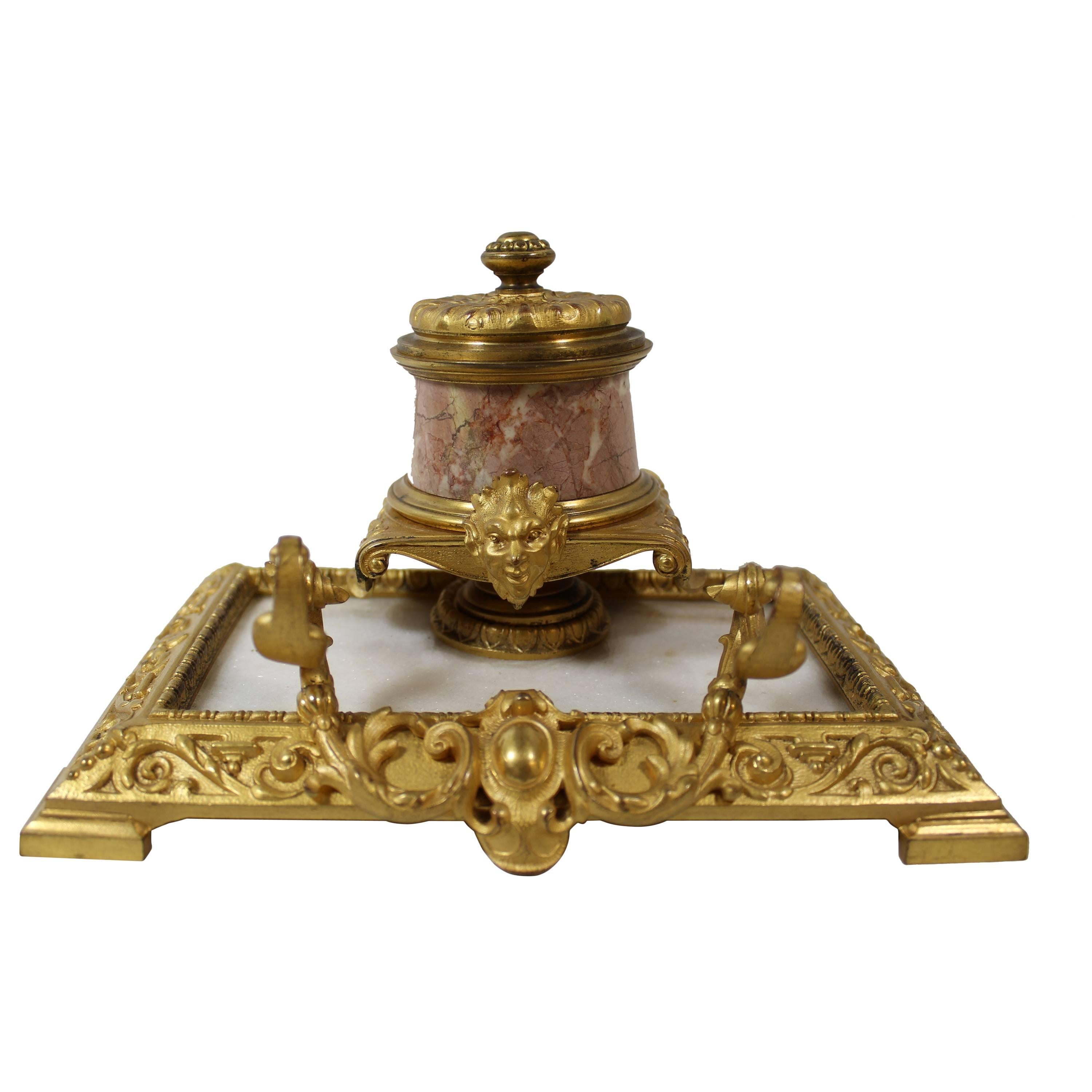 French Gilt Bronze and Marble Inkwell and Pen Holder For Sale