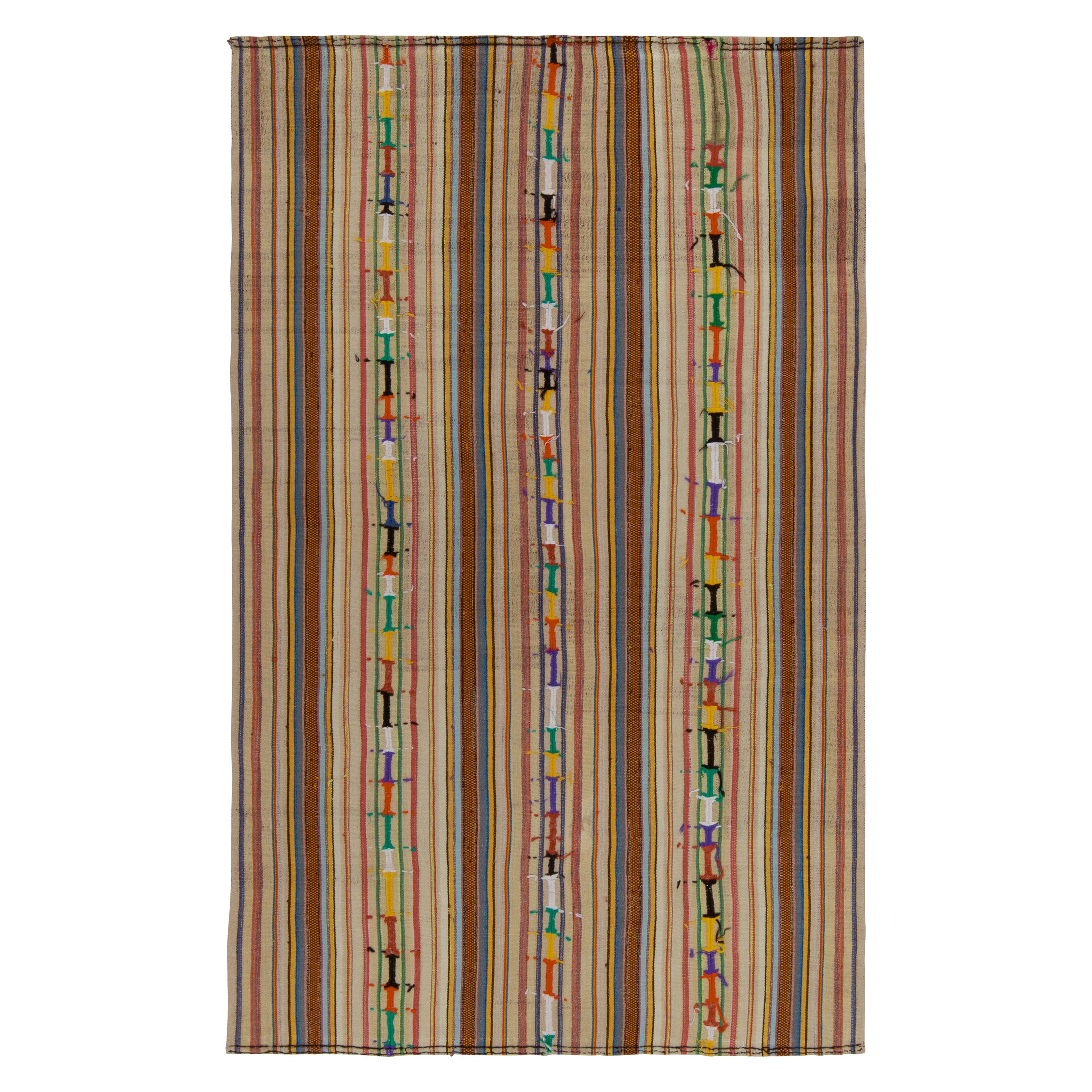 1950s Vintage Chaput Estilo Kilim en rayas de colores policromático by Rug & Kilim