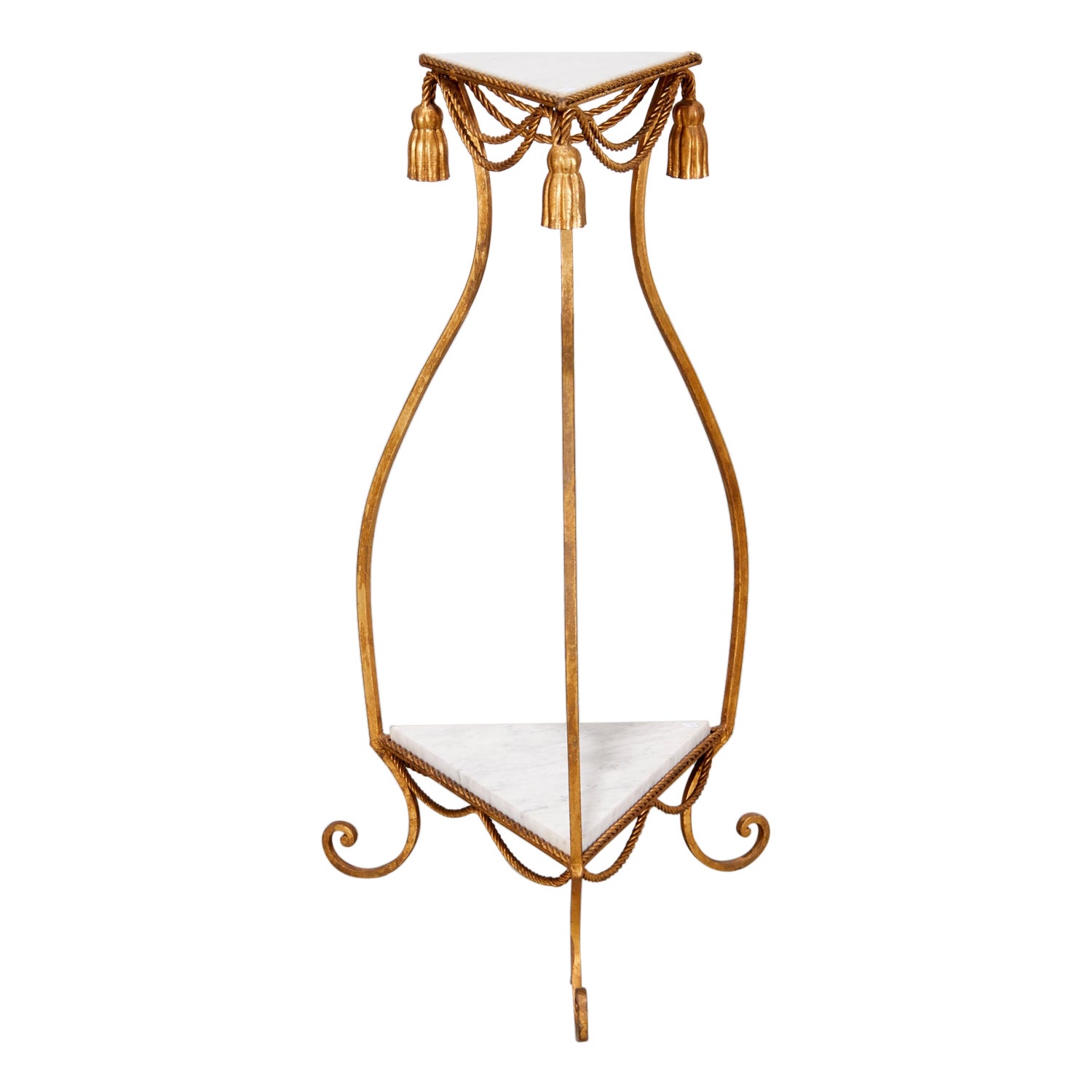 Tall Vintage Italian Gilt Rope Tassel and Two Tier Carrera Marble Top Stand