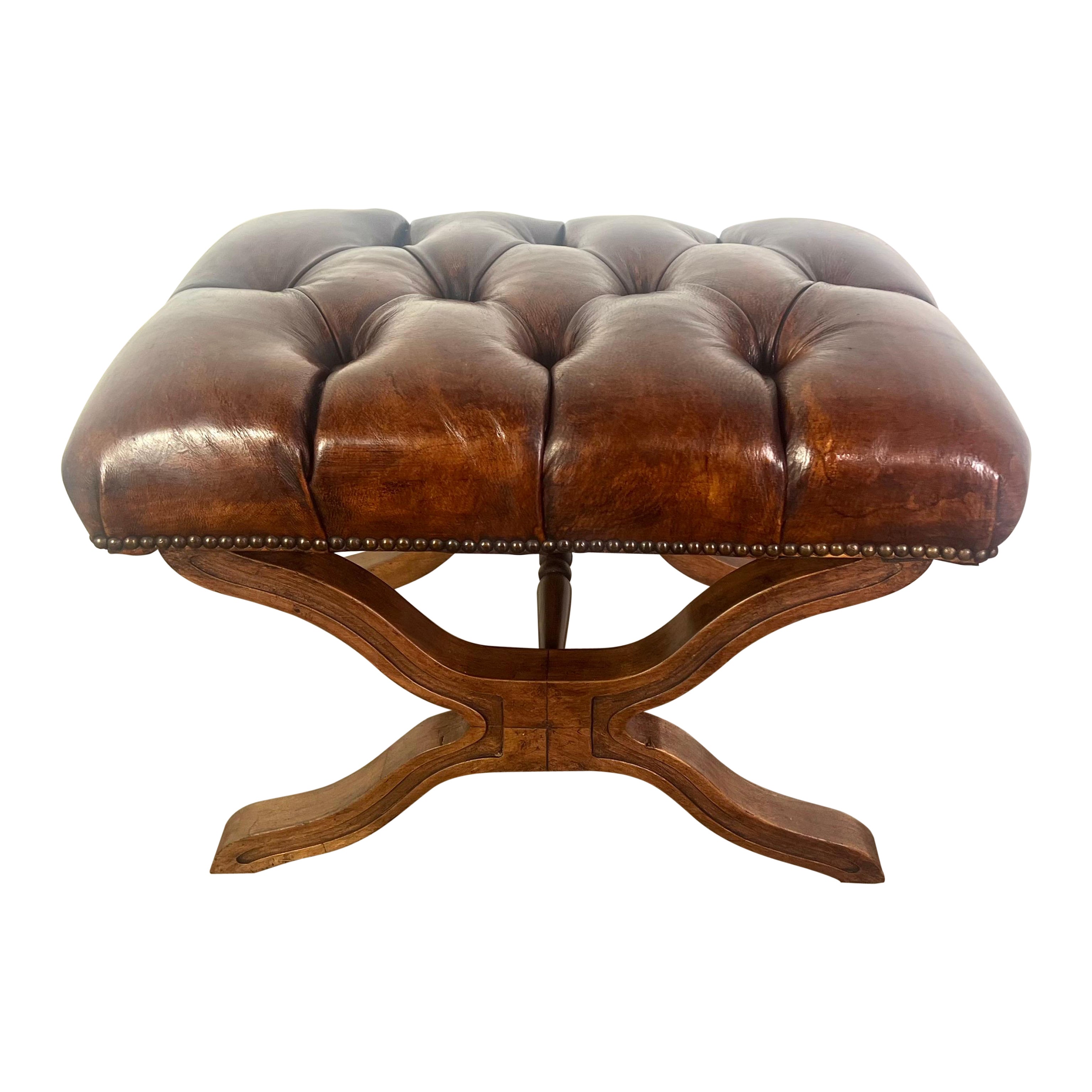 English Leather Tufted Bench C. 1940