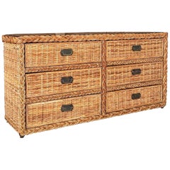 Vintage Coastal boho Refinished Large Braid Rattan Six Drawer Dresser