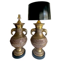 Pair of James Mont Asian Inspired Elephant Handles Brass Table Lamps