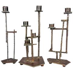 Monumental Trio of Handmade Brutalist Candlesticks, style of Paul Evans, 1970s