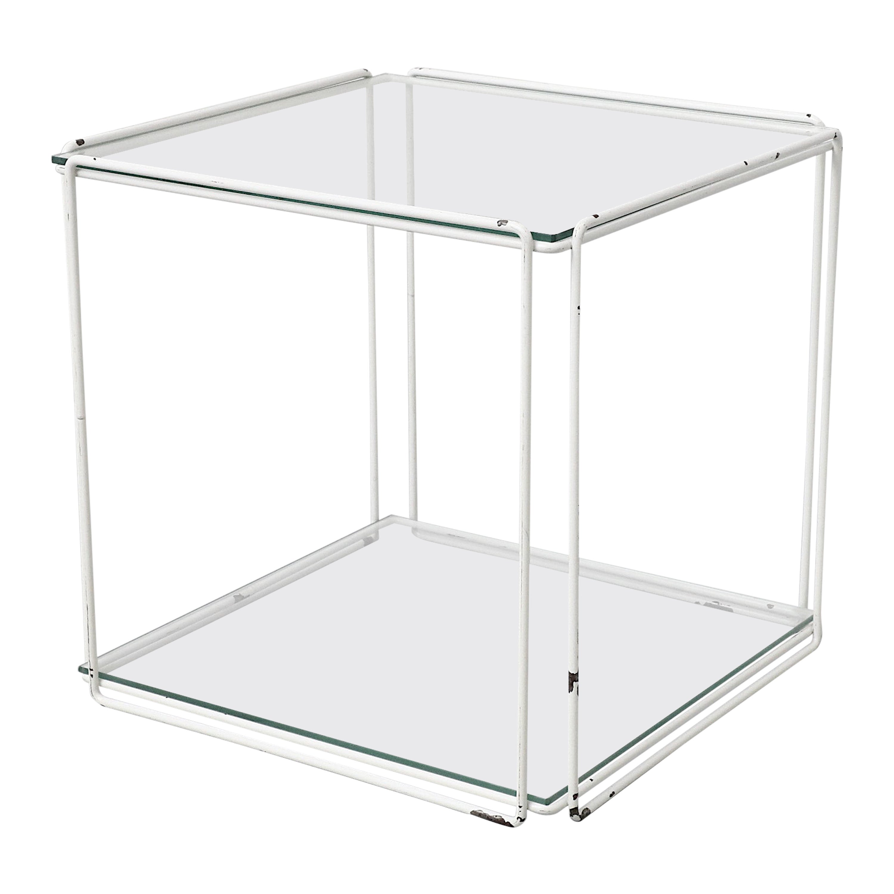 Max Sauze Attributed Wire Cube Side Table in White with Glass Shelf and Top For Sale