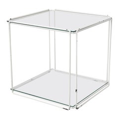 Max Sauze Attributed Wire Cube Side Table in White with Glass Shelf and Top