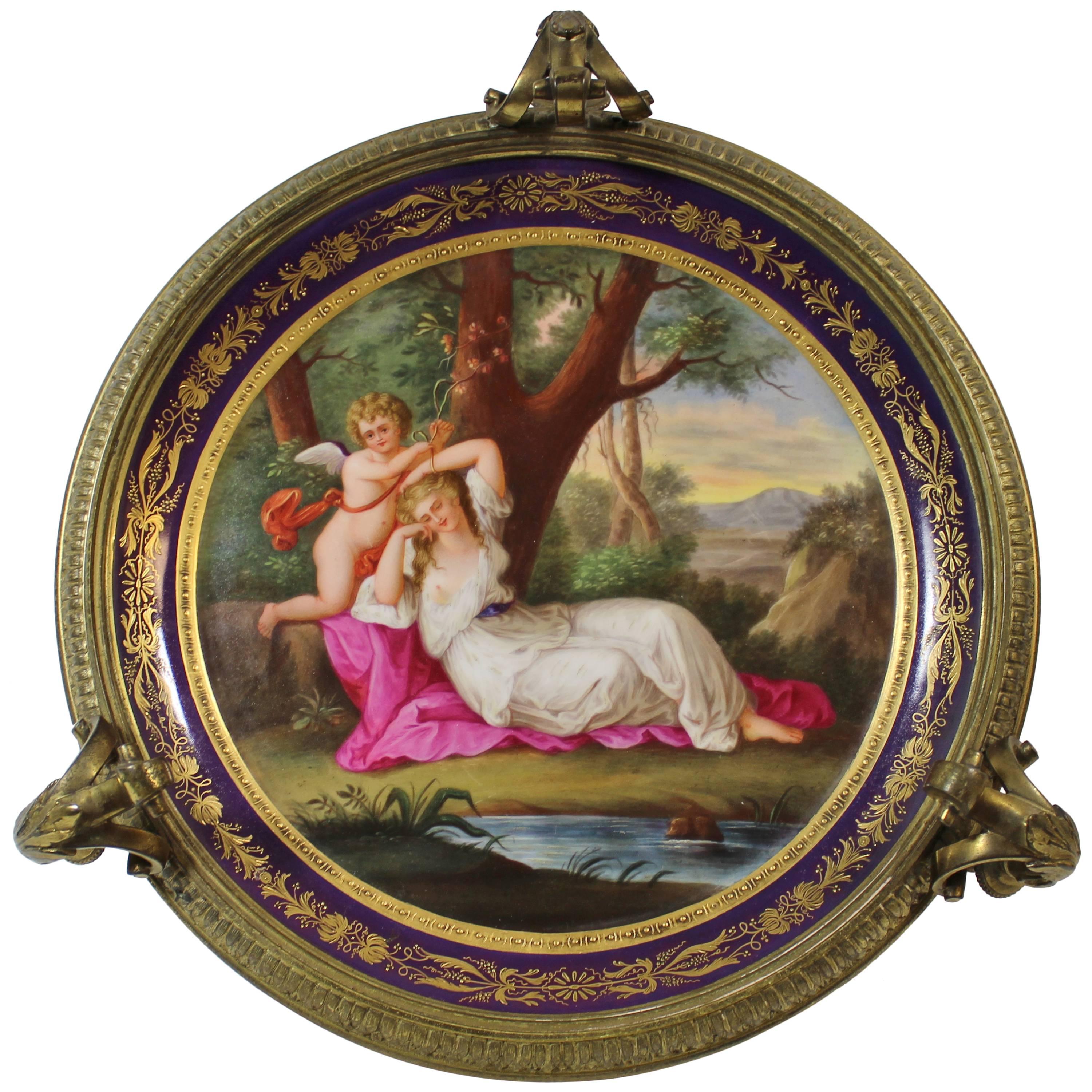 Royal Vienna Style Hand-Painted Plate in Gilt Bronze Stand