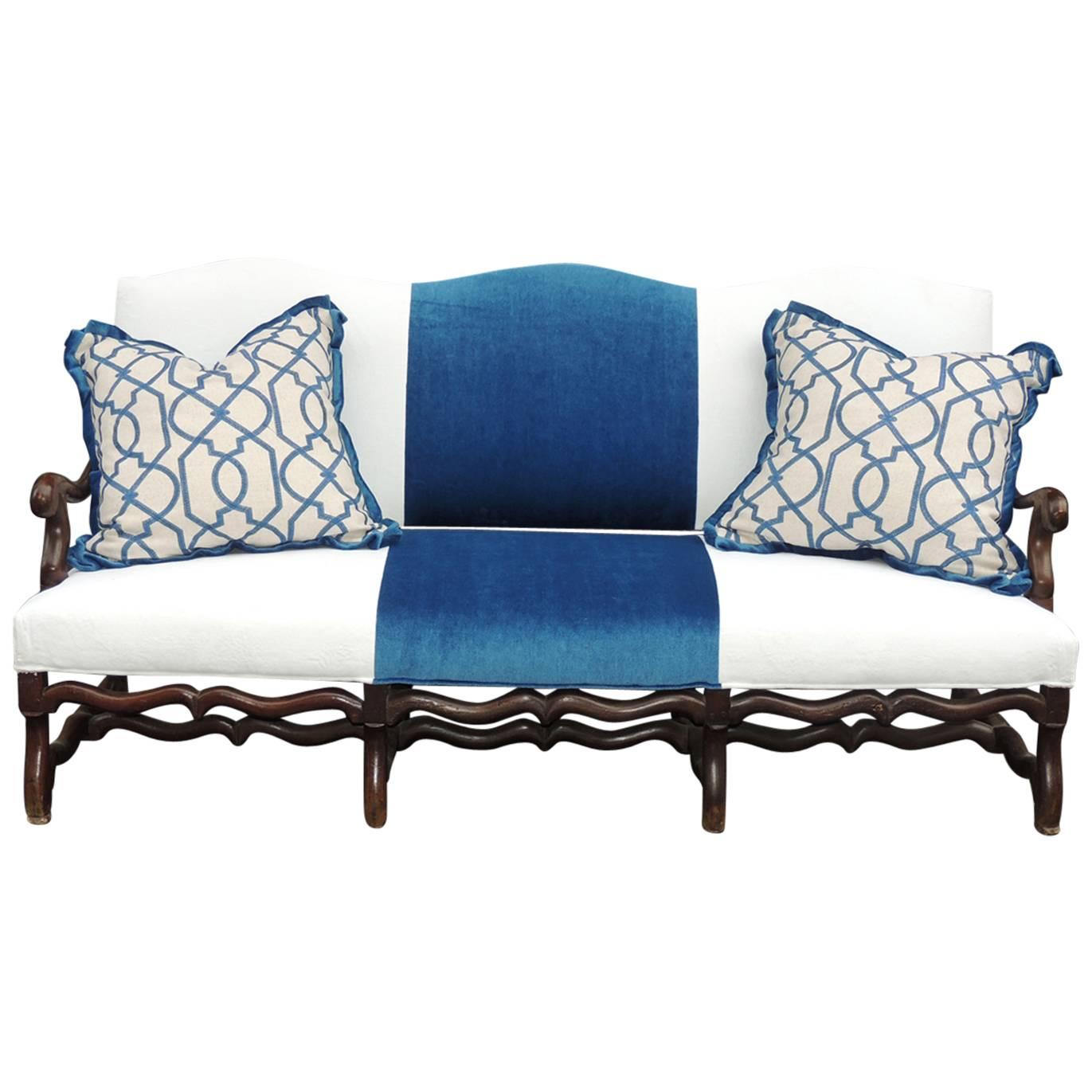 18th C French Baroque Walnut Sofa with Modern Blue & White Upholstery