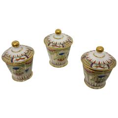 Antique Set of Three Chamberlain Worcester Bengal Tiger Design, Covered Chocolate Cups